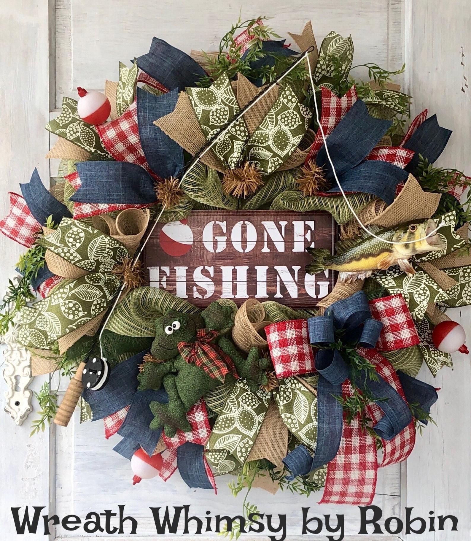 Fishing reel wreath with ribbons