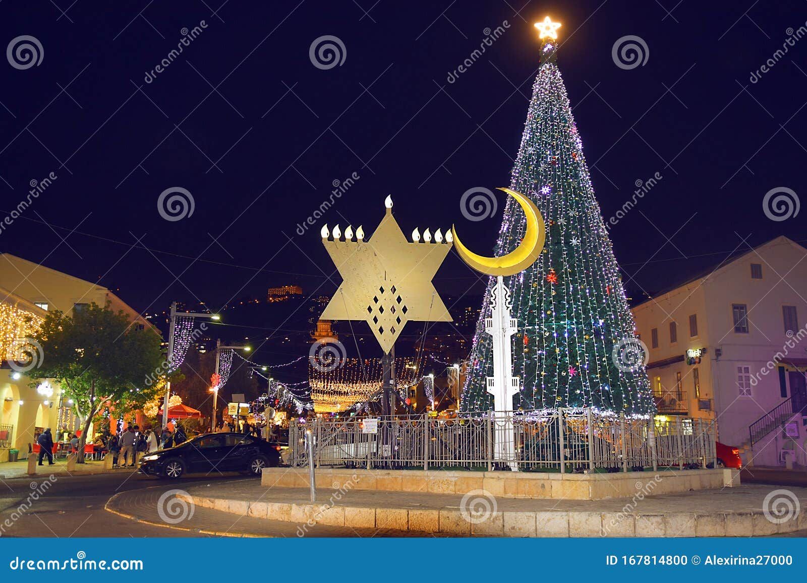 Hanukkah Village Under Christmas Tree