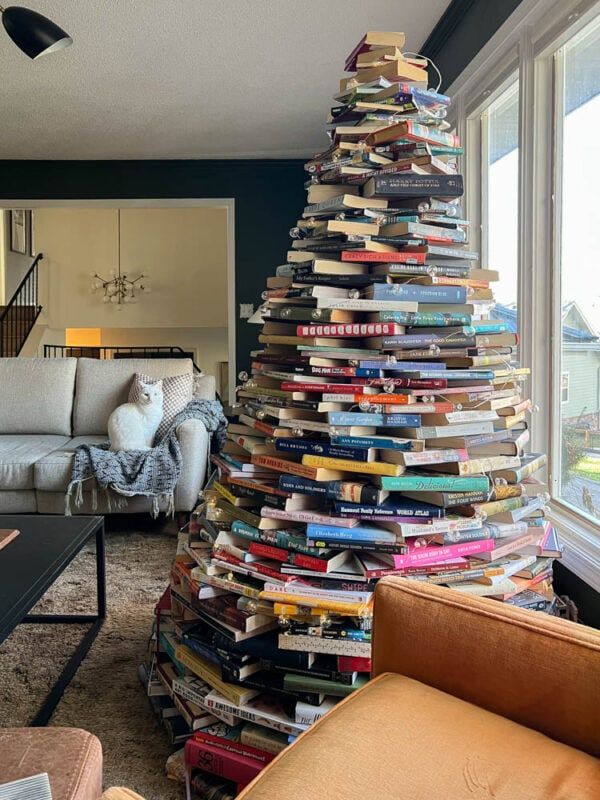 Book Christmas Tree with a Book Wall