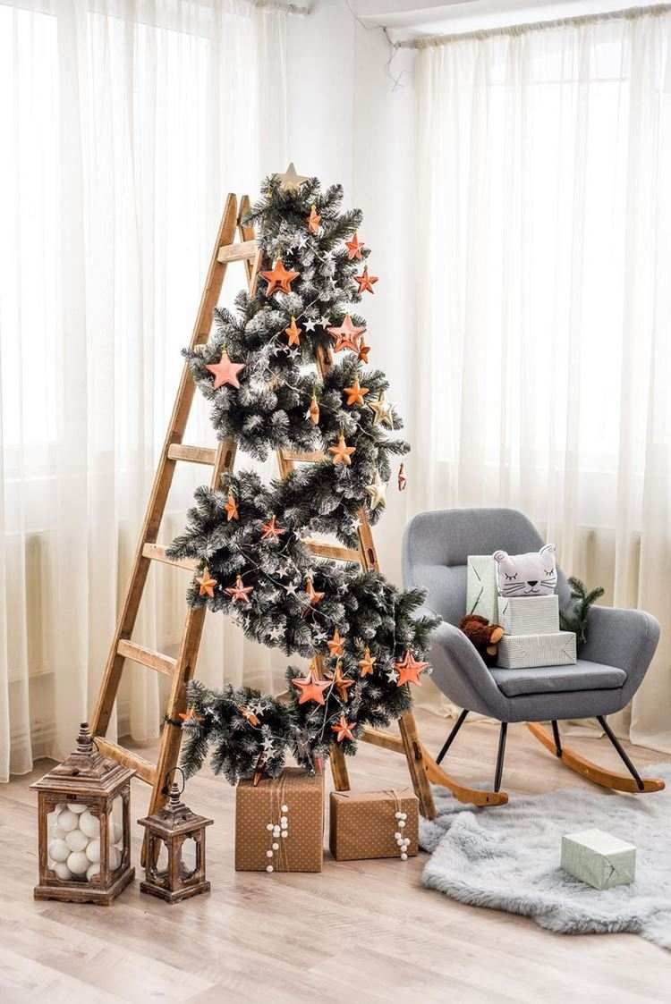 Christmas Tree Ladder Decoration Ideas with Garland