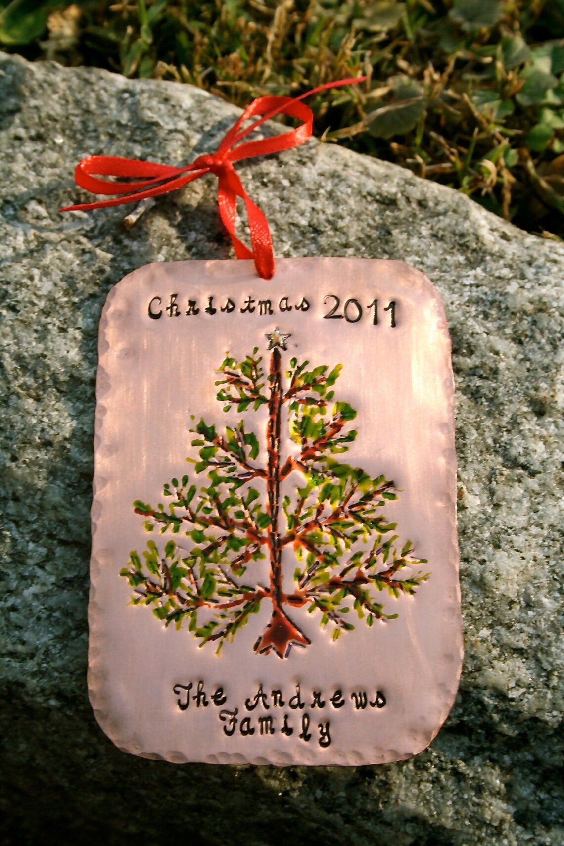 Hand-Stamped Christmas Tree Ribbon