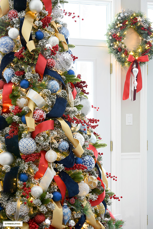 Modern Minimalist Red White Blue Christmas Tree