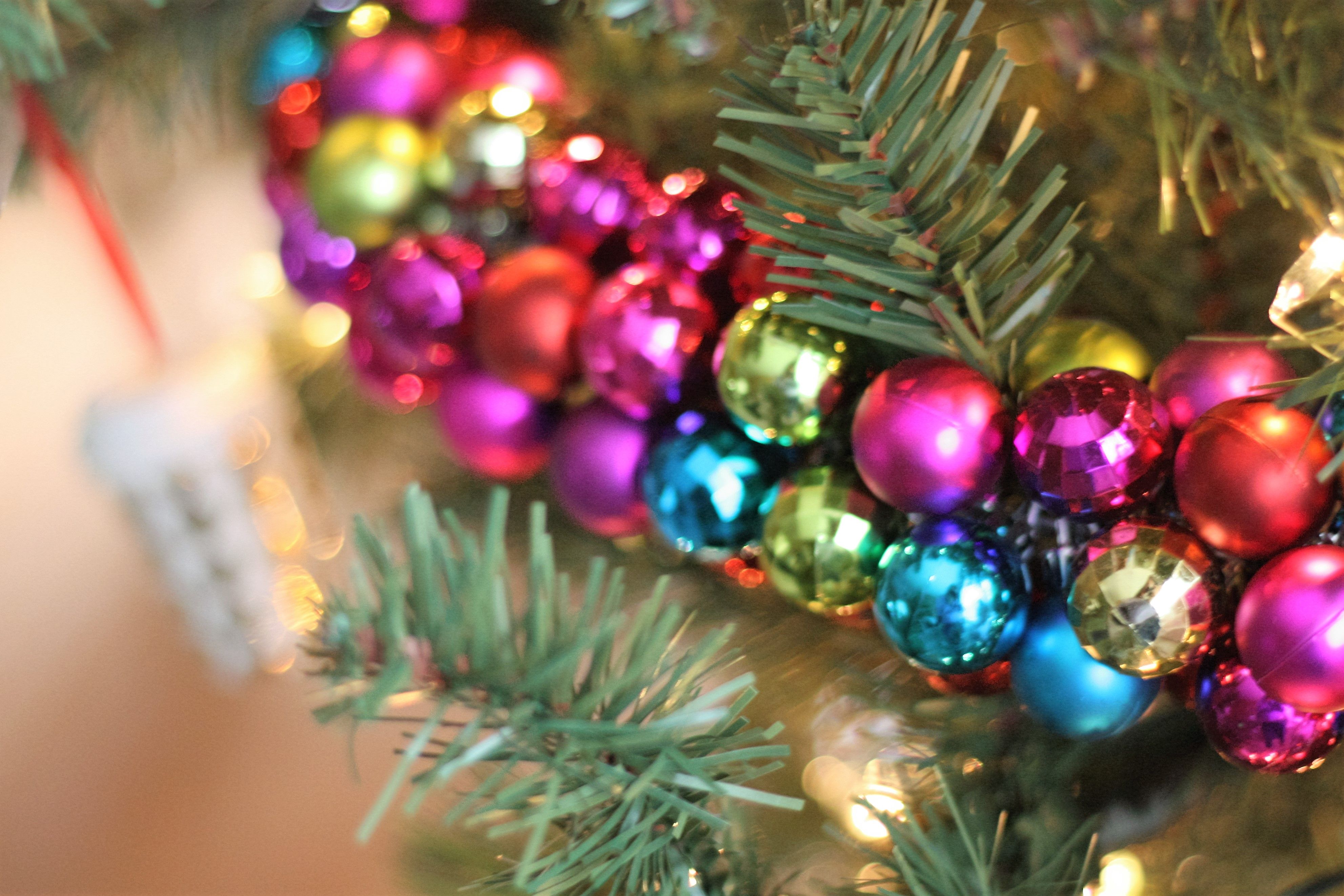 Ornaments and Garlands on Christmas Tree Limbs