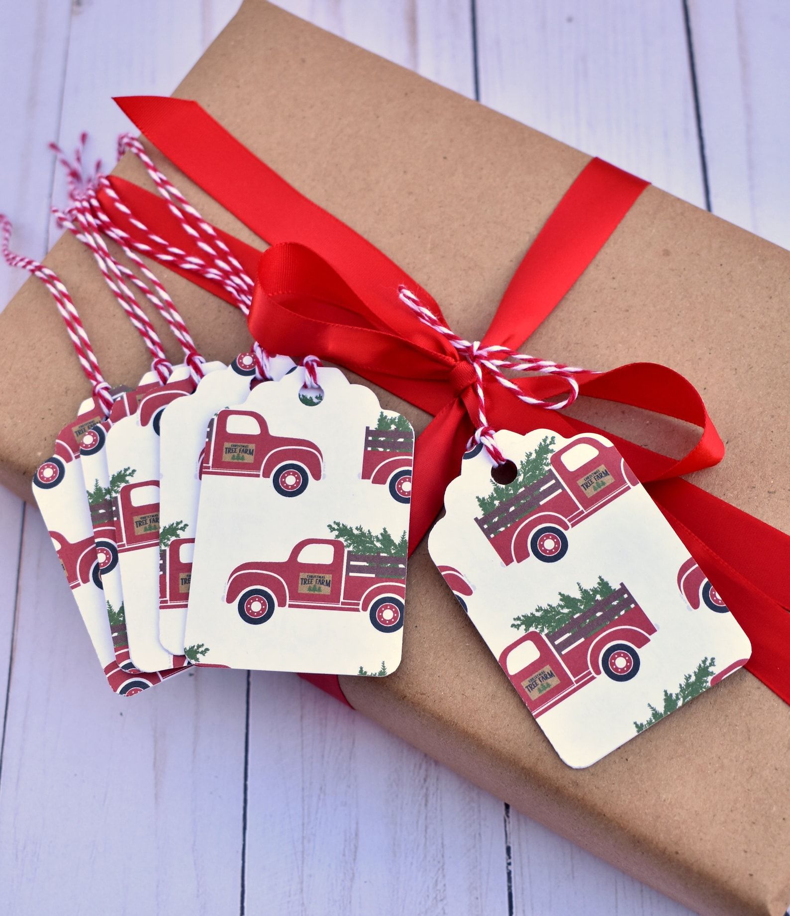 Red truck Christmas plates as gift tags