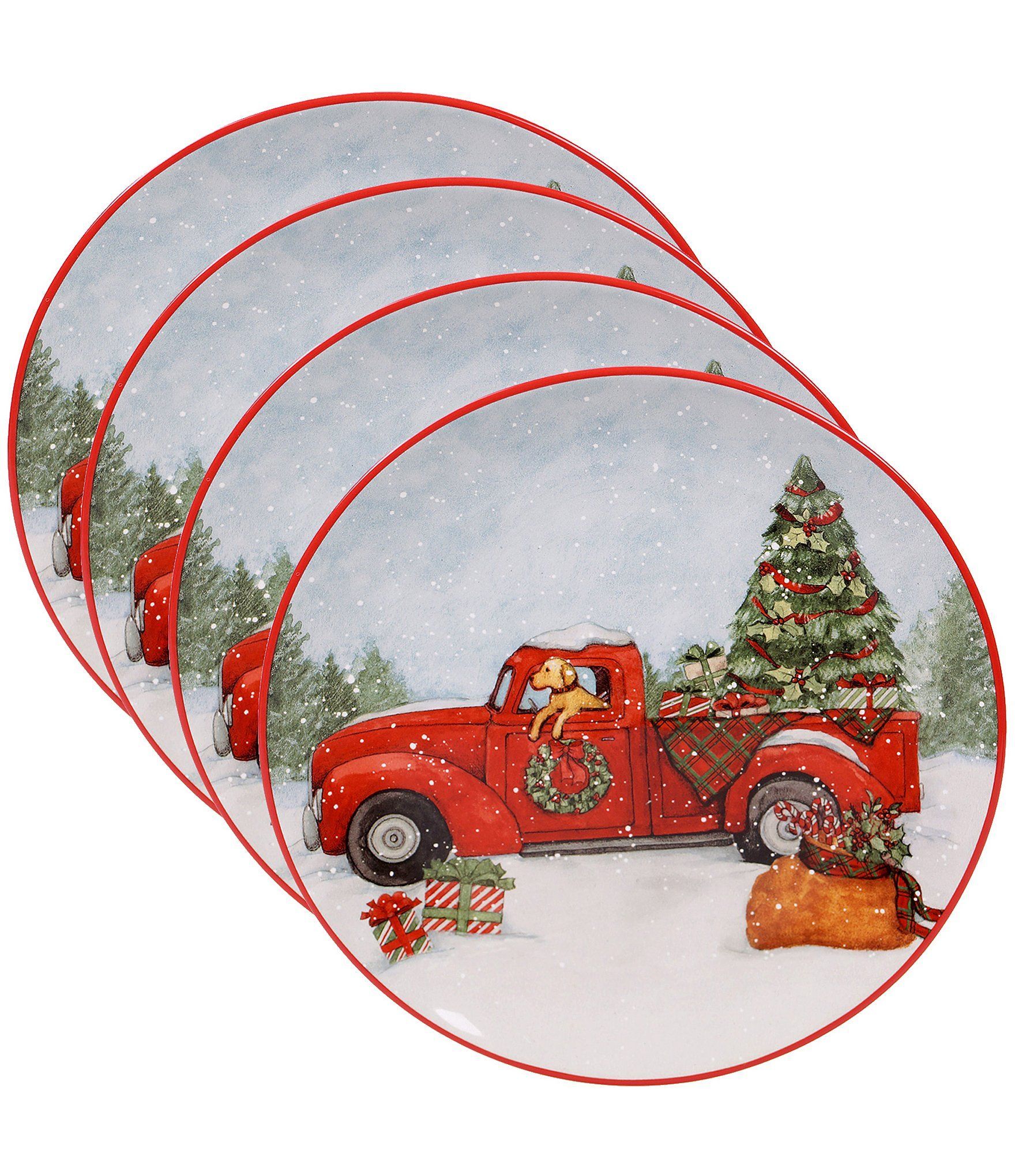 Red truck Christmas plates for holiday decorating