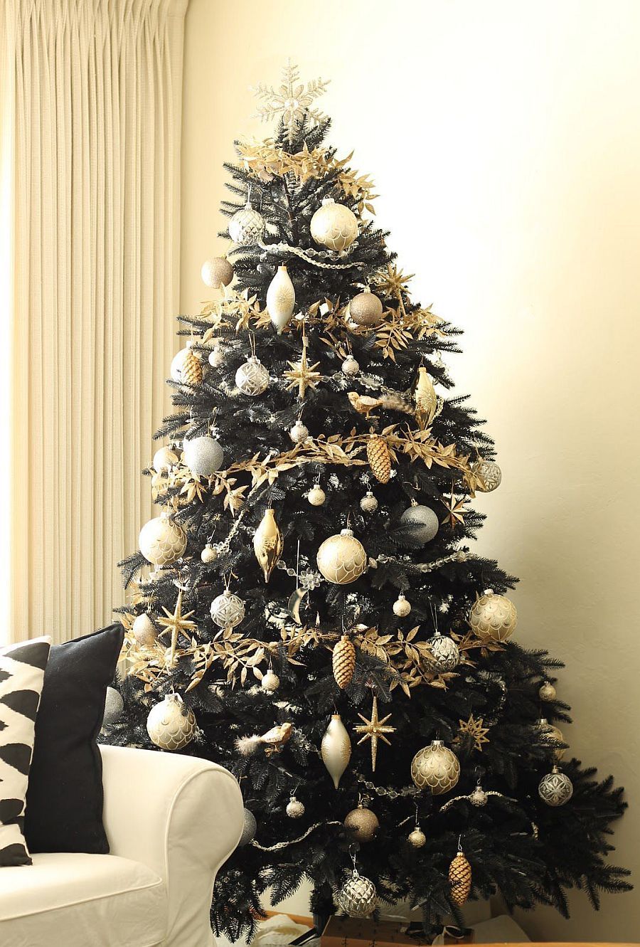 Traditional Gold, Silver, and Black Christmas Tree