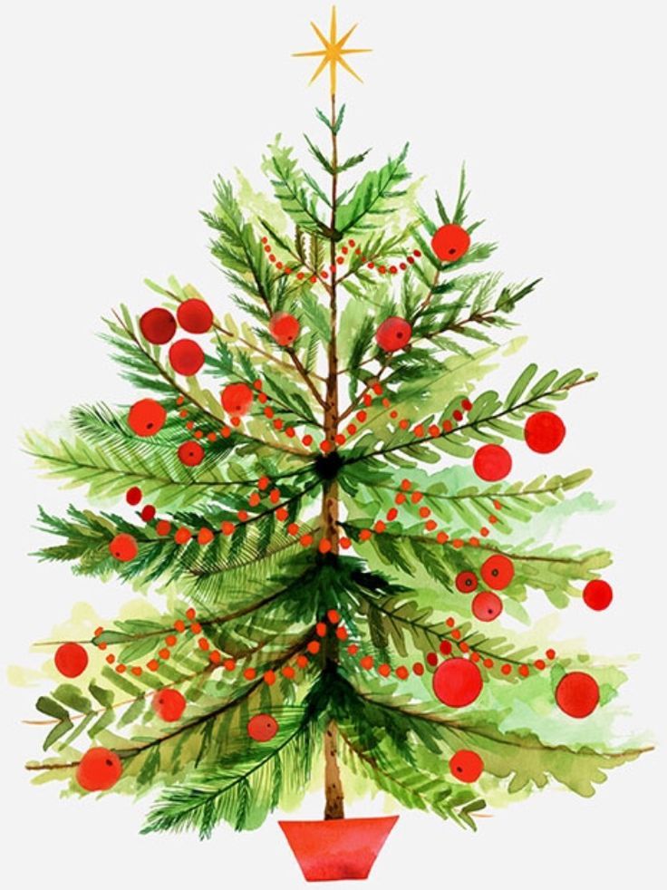 Watercolor Red Christmas Tree Illustration