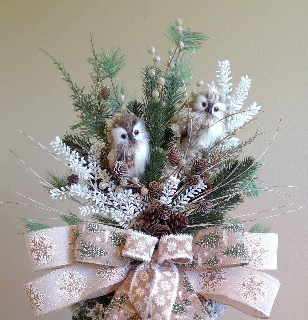 Brown Owl Christmas Tree Topper with Pinecones